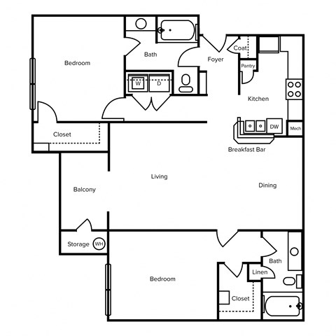 Floor plan for 2 beds, 2 baths, 1195 sqft